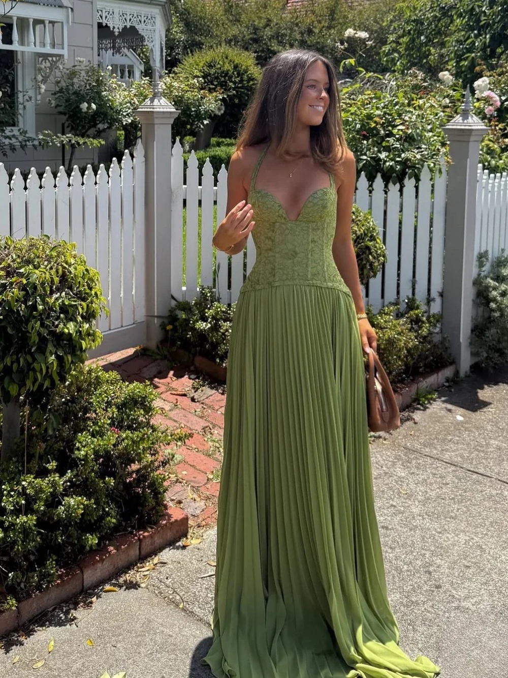 Olive Green Halter Corset Evening Dress (Small-Medium)